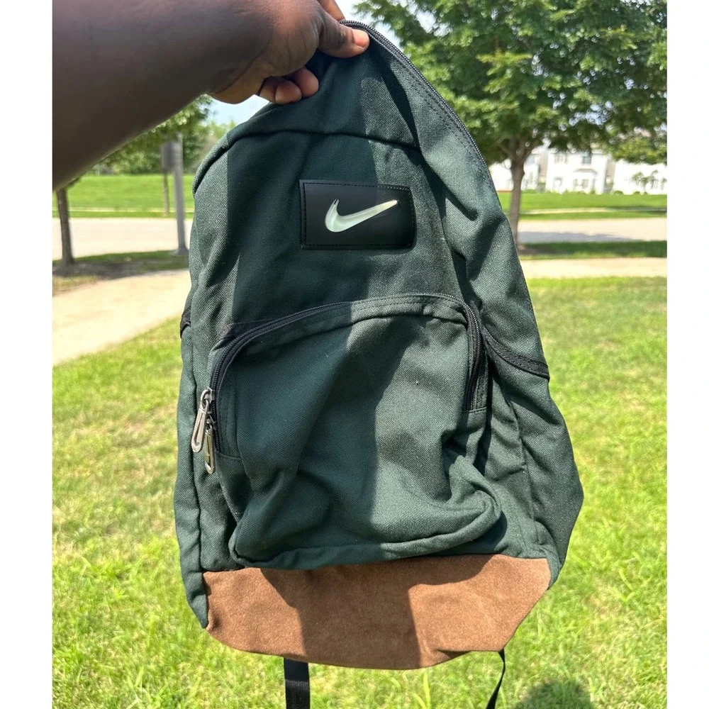 Vintage Nike Suede Leather Bottom Swoosh Green Backpack‎